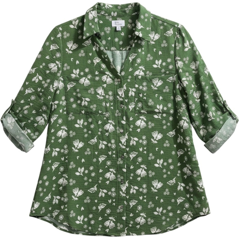 Olive Green Floral Button Down Blouse Womens S Cottagecore Roll Tab Sleeve KR